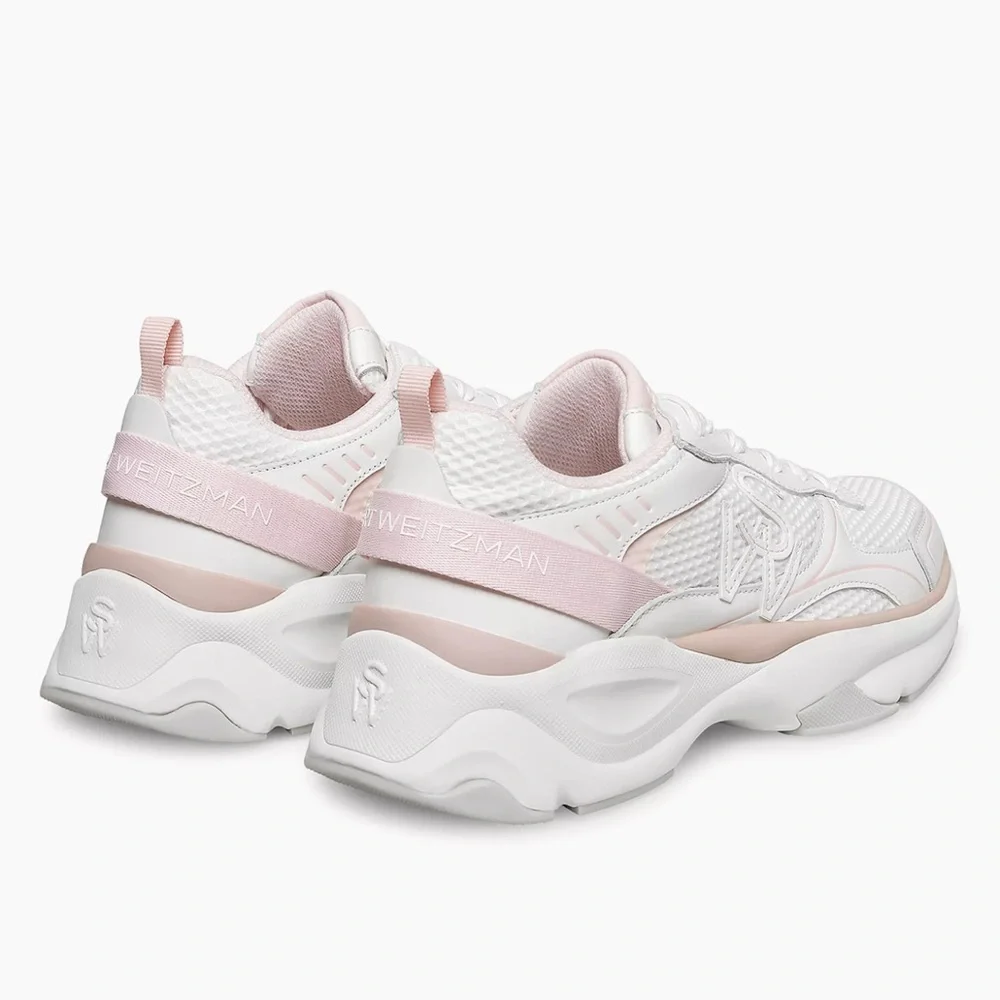 Stuart Weitzman White and Pink Athletic Shoes, Mesh & Leather Trainer Sneakers